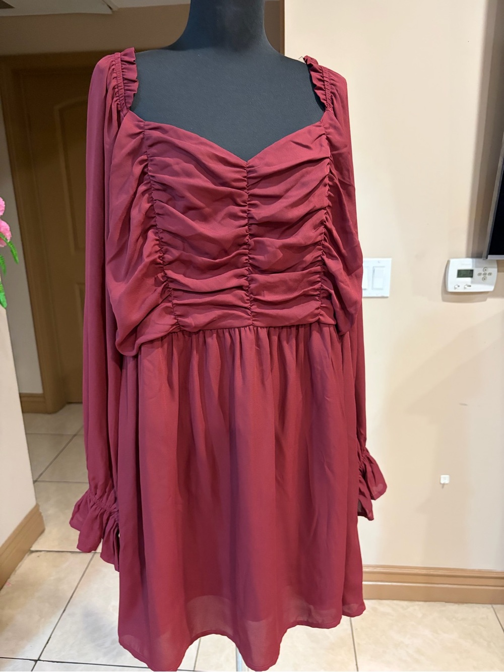 Ruched Long-Sleeve Mini Dress — Burgundy